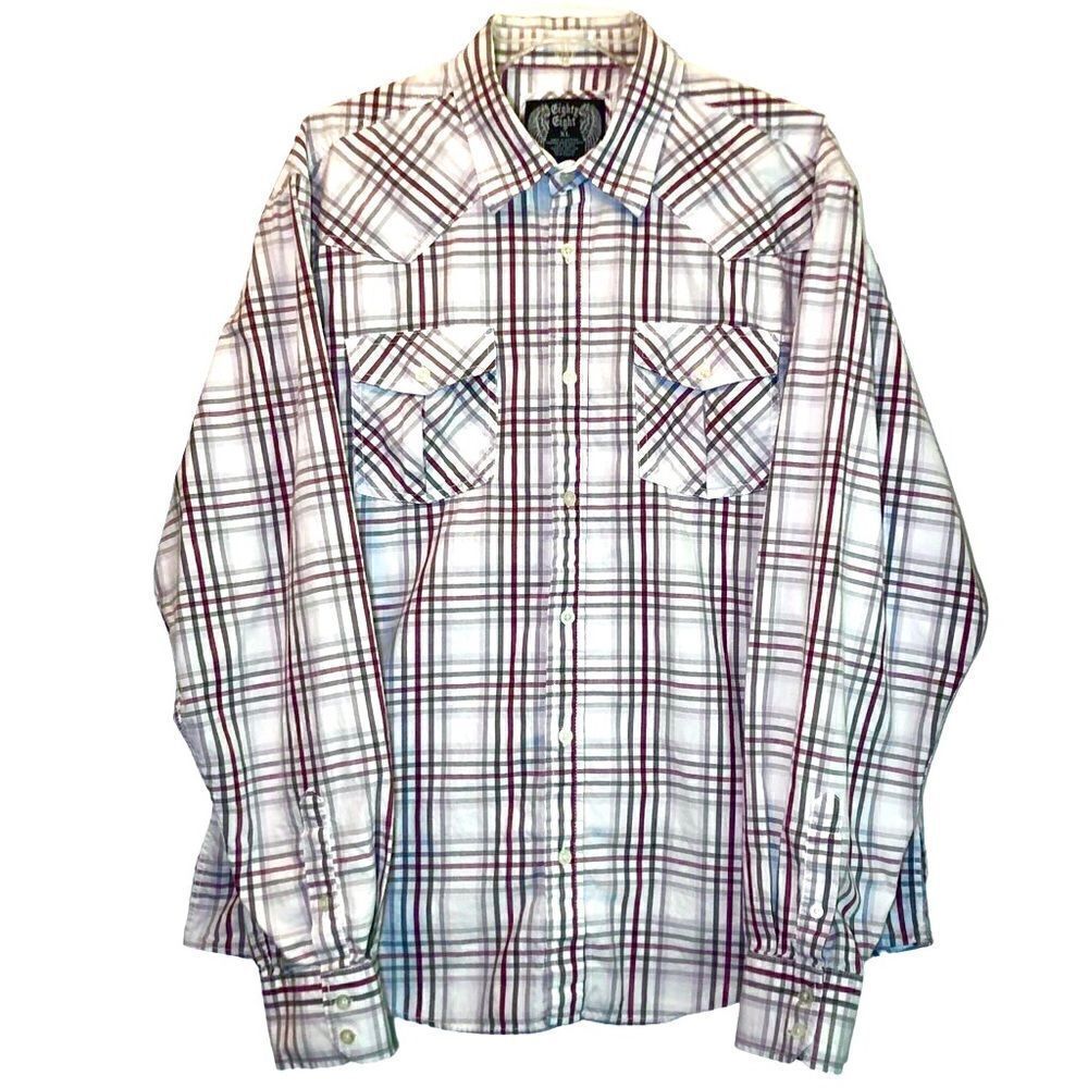 Eighty Eight Plaid Western Long Sleeve Shirt in White/Grey/Burgundy Men’s XL